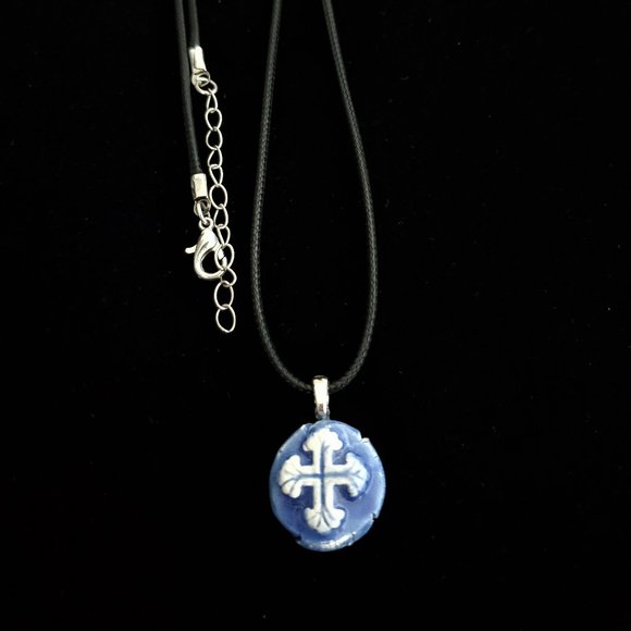 Handmade Ceramic Blue Fleur De Lis Cross Pendant Necklace - Picture 6 of 14
